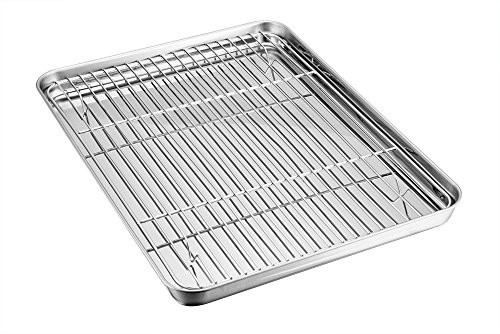 TeamFar Baking Sheet with Rack Set, Stainless Steel Baking Pan Tray Cookie Sheet with Cooling Rack, Non Toxic & Healthy, Easy Clean & Dishwasher Safe TeamFar Baking Sheet with Rack Set, Stainless Steel Baking Pan Tray Cookie Sheet with Cooling Rack, Non Toxic & Healthy, Easy Clean & Dishwasher Safe