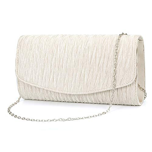 ZIUMUDY Womens Satin Pleated Evening Bags Party Clutches Bridal Shoulder Chain Handbags Champagne