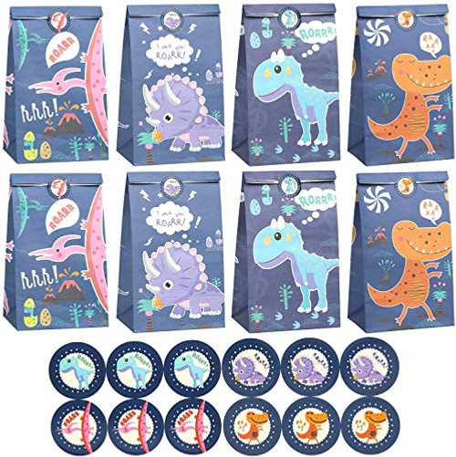 FINGOOO 24 Pack Dinosaur Goodie Bags Candy Treat Paper Bags for Kids Birthday Roar Party Favor Supplies with Dinosaur Stickers