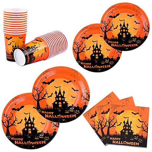 Aneco 122 Pieces Halloween Disposable Dinnerware Set Party Tableware Party Supplies Paper Plates Paper Cups and Napkins for 24 Guests