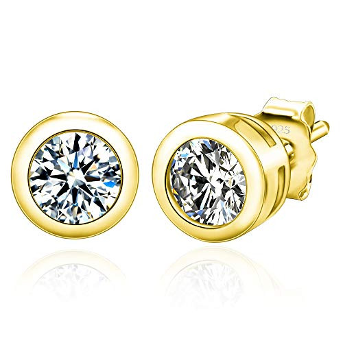 Spoil Cupid 14k Gold Plated Sterling Silver Cubic Zirconia Round Bezel Set Stud Earrings 4mm Stone