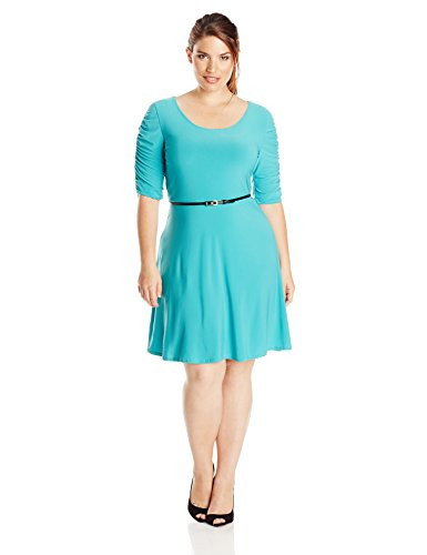 Star Vixen Women s PlusSize Rouched Elbow Sleeve Skater Dress with Belt Solid Jade 3X