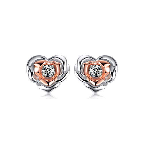 Rose Stud Earrings Sterling Silver 3D Blooming Rose Flower Love Heart Earrings Studs Hypoallergenic Jewelry for Mom Girlsfriend Heart shaped rose flower stud earrings