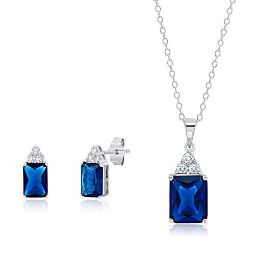 Sterling Silver Simulated Blue and White Sapphire Emerald Cut Pendant Necklace and Stud Earring Jewelry Set Sterling Silver Simulated Blue and White Sapphire Emerald Cut Pendant Necklace and Stud Earring Jewelry Set