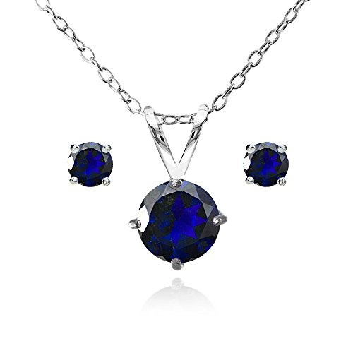 GemStar USA Sterling Silver Simulated Blue Sapphire Round Solitaire Necklace and Stud Earrings Set