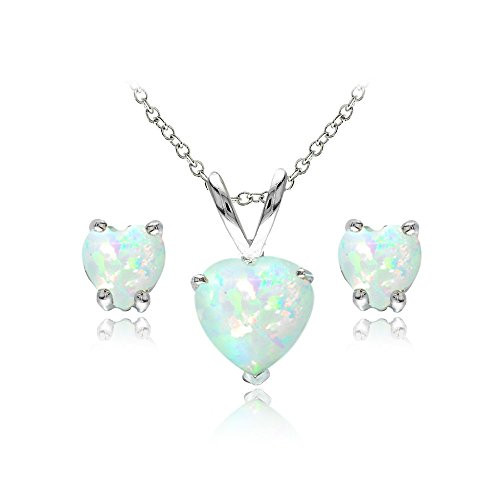 GemStar USA Sterling Silver Synthetic White Opal Heart Solitaire Necklace and Stud Earrings Set