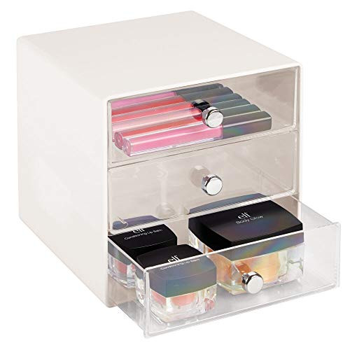 mDesign Plastic Makeup Organizer Storage Station Cube 3 Drawers for Bathroom Vanity Cabinet Countertops  Holds Lip Gloss Eyeshadow Palettes Brushes Blush Mascara  Cream/Beige/Clear