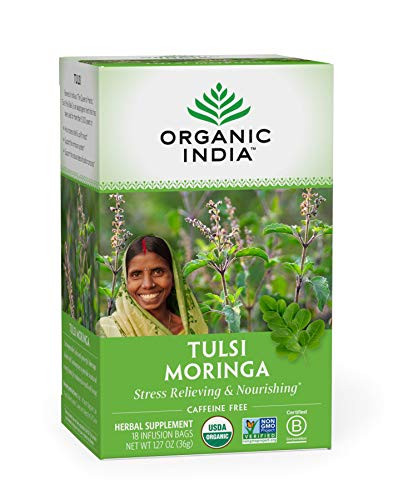 Organic India Tulsi Moringa Herbal Tea  Stress Relieving  Nourishing Immune Support Vegan GlutenFree Certified Organic NonGMO Antioxidant CaffeineFree  18 Infusion Bags 1 Pack