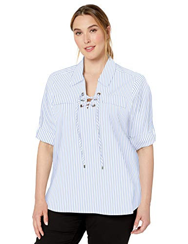 Calvin Klein Women s Plus Size Stripe Poplin with Lace Up Front Chambray Combo 0X
