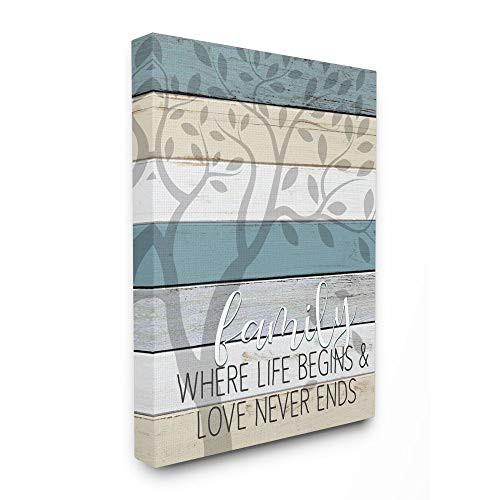 Stupell Industries Family Begin and End Quote Tree Wood Grain Blue Tan Phrase Designed by Kim Allen Wall Art 16 x 20 Canvas