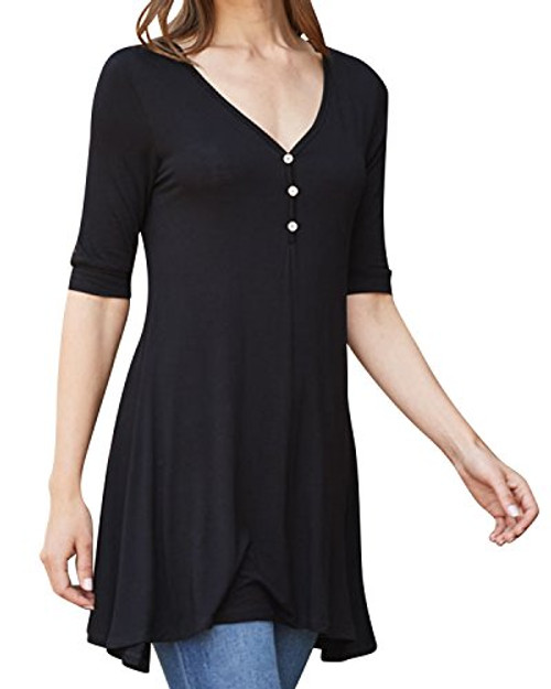 BBYES Women's Henley Shirts Notch V Neck Blouse 3/4 Sleeve Ruffle Button up Tunic Tops Black M BBYES Women's Henley Shirts Notch V Neck Blouse 3/4 Sleeve Ruffle Button up Tunic Tops Black M