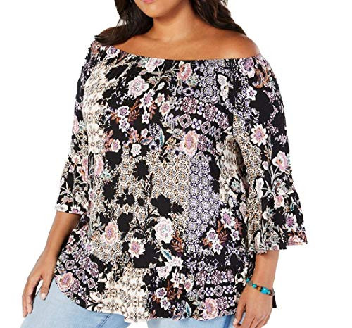 Style  Co  Womens Plus Printed Peplum Pullover Top Black 0X