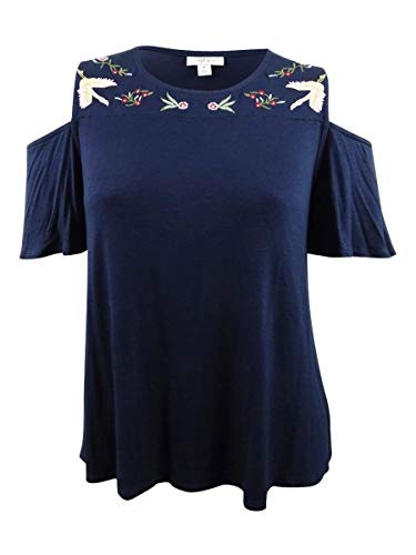 Style  Co  Womens Plus Embroidered Cold Shoulder Pullover Top Navy 1X