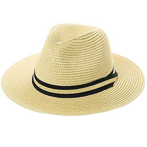 Womens Straw Fedora Brim Panama Beach Crushable Packable Havana Summer Sun Hat Party Floppy Lady Beige Ivory Large