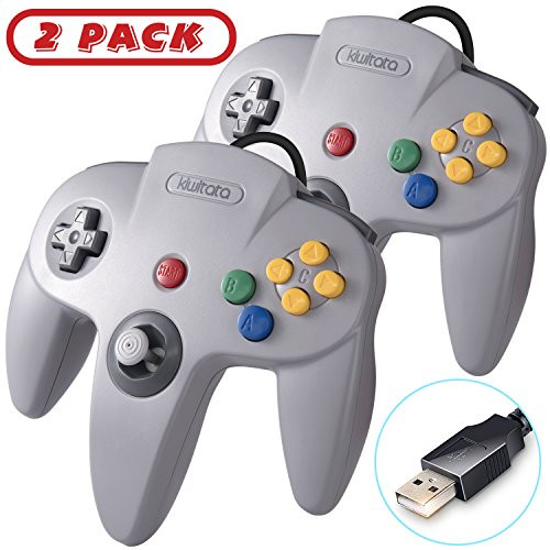 2 Pack Classic N64 USB Controller kiwitatá Retro N64 Bit PC Wired USB Game Pad Joystick Controller for Windows PC/Mac Laptop Computer Retro Pie Gray