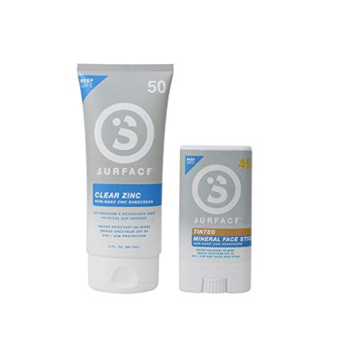 Surface Clear Zinc SPF 50 Sunscreen Lotion 3oz  Surface Mineral SPF 45 Tinted Face Sunscreen Stick Bundle  Reef Safe Broad Spectrum UVA/UVB Protection Ultra Water Resistant  1 Count of Each