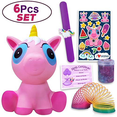 Unicorn Squishy Pink | Unicorn Squishy kit- 6 Piece Set Bundle (Jumbo Squishy Slow Rising, Birth Certificate, Stikers, Slime, Magical Rainbow Spring & Bracelet) - Magical Unicorn Gift Box