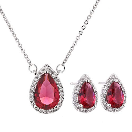 AMYJANE Crystal Jewelry Set for Women  Sterling Silver July Birthstone Red Cubic Zirconia Rhinestone CZ Teardrop Necklace Earrings Set for Girls Bridesmaids Bride Party Prom Costume Jewelry