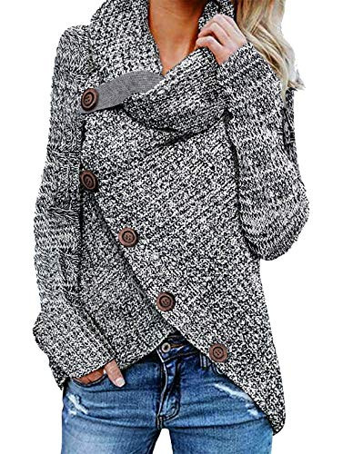 TEMOFON Women s Casual Turtle Cowl Neck Sweater Long Sleeve Button Asymmetric Hem Wrap Pullover Sweaters Tops Grey S