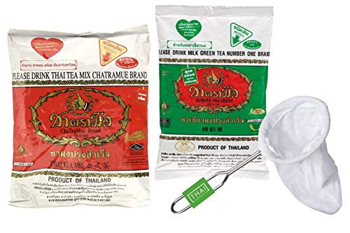 THAI ESSENTIALS TEA SET Number One The Original Thai tea mix400 g and Chatramue Green Tea mix 200g and Tea mesh strainer  Authentic from Thailand