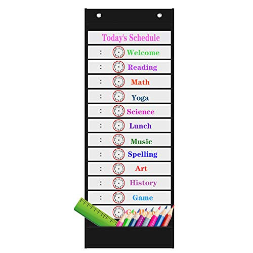 Headif Daily Schedule Pocket Chart School Supplies Classroom Pocket Chart Schedule 131 Black Pocket Chart with 18 Reusable Cards Education Scheduling Chart for School Office Homeschool 13x 35 5