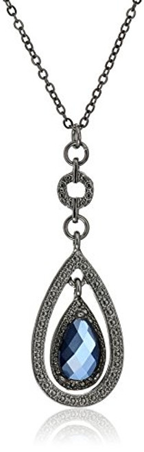 1928 Jewelry BlackTone Suspended Blue Teardrop Pendant Necklace 16   3  Extender