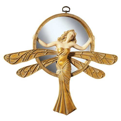 Design Toscano PD0450 Dragonfly Art Deco Wall Mirror Sculpture 11 Inch Polyresin Gold and Ivory