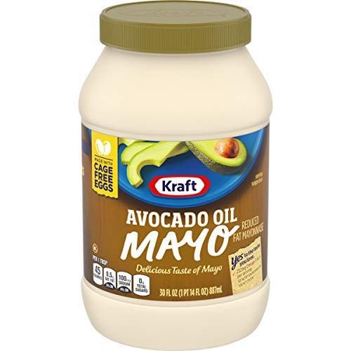 KRAFT Avocado Oil Mayonnaise 30 oz  Jar  Reduced Fat Avocado Mayonnaise with Resealable Lid  Healthy Mayo  Alternative Mayo  Lunch Bag Sandwiches Essential Ingredient
