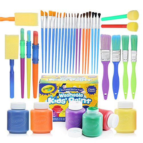 glokers Complete Set of 30 Paint Brushes Bundle with Crayola Washable Kid's Paint (6 Count)  Washable Kids Paints and Paintbrush Set - 2oz Assorted Bottles  Perfect for Kids Age 3+