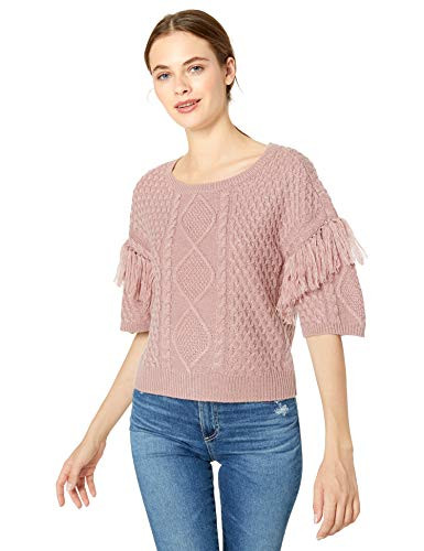 BB Dakota Junior s Short Sleeve Cable Sweater with Fringe Rose Quartz Extra Small