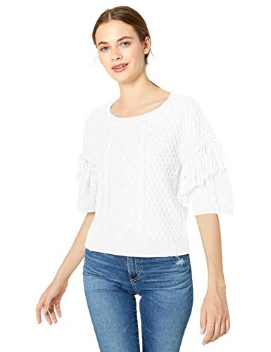 BB Dakota Junior s Short Sleeve Cable Sweater with Fringe White Small