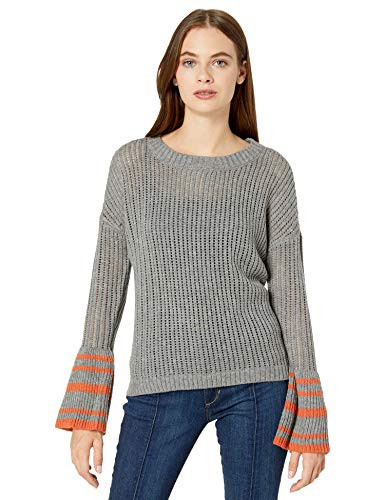 Jack by BB Dakota Junior s Like I Flare Drop Needle Sweater with Stripe Bell Sleeve Light Heather Grey Small