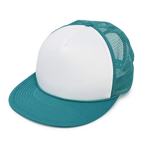 Flat Billed Trucker Cap with Mesh Back Hat in Teal White