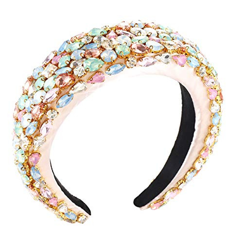 ELEARD Padded Rhinestone Headbands Multicolored Baroque Crystal Embellished Hairband for Girls Statement Bejewelled Wide Velvet Hair Hoop Wedding Party Hair Accessory Gifts champagne