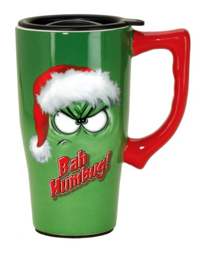 Spoontiques Bah Humbug Ceramic Travel Mug 5 2 x 3 5 x 6 4 inches Green