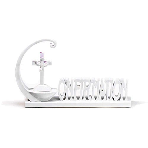 White Confirmation Dove and Cross 13 x 9 inch Resin Stone Table Top Figurine