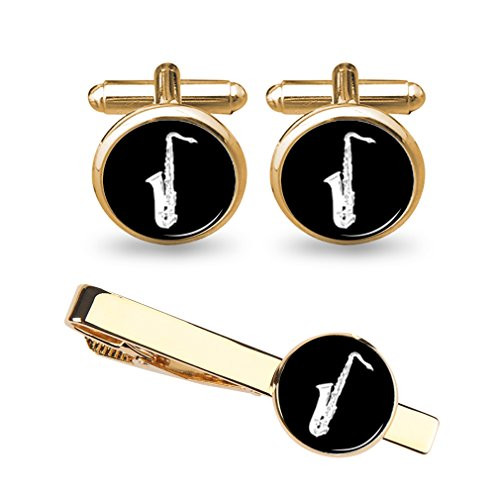 ZUNON Saxophone Cufflinks Tie Clip Music Instrument Wedding Fancy Gift Silver/Gold Gold Cufflink Tie Clip Set