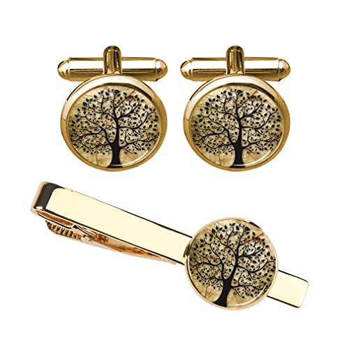 ZUNON Tree of Life Cufflinks  Tie Clip Vintage Natural Tree Groom Groomsmen Mens Gift with Jewelry Gold Cufflink Tieclip Set