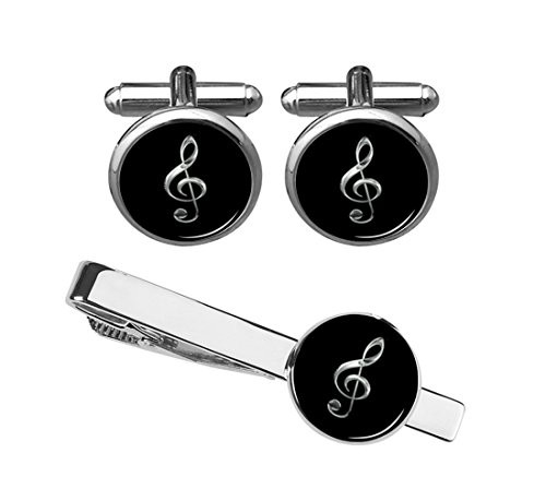 ZUNON Music Cufflinks Treble Clef Cuff  Tie Clip Music Note Instrument Musician Arts Gift for Men Husband Fiancee Silver Cufflink Tieclip Set