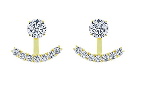 Sterling Silver Front Back 2 in 1 Cubic Zirconia AAA Quality Stud and Ear Jacket Cuff Earrings Set Yellow