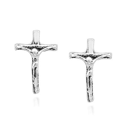 Faithful Devotion Crucifix Cross  925 Sterling Silver Stud Earrings