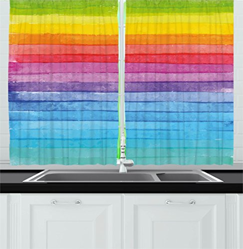 Ambesonne Abstract Kitchen Curtains Rainbow Colored Horizontal Striped Lines Vibrant Hand Drawn Design Window Drapes 2 Panel Set for Kitchen Cafe Decor 55  X 39  Blue Yellow