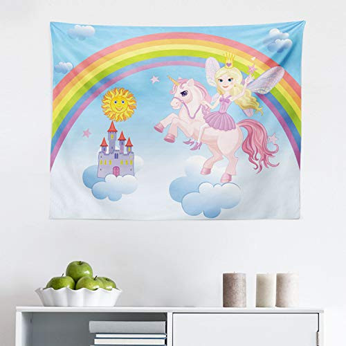 Lunarable Fantasy Tapestry Happy Princess on a Unicorn in Clouds with Rainbow Fairy Tale Kingdom Girls Image Fabric Wall Hanging Decor for Bedroom Living Room Dorm 28  X 23  Pale Blue