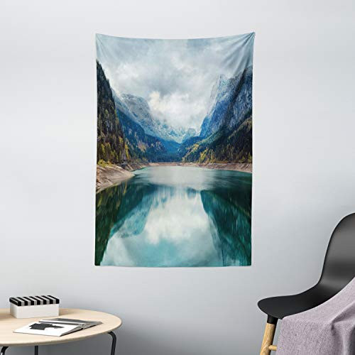 Ambesonne Landscape Tapestry Alpine Lake with Dramatic Sky Forest and Mountains Journey Art Wall Hanging for Bedroom Living Room Dorm Decor 40  X 60  Green Grey