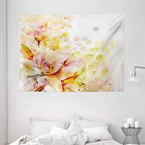 Ambesonne Shabby Flora Tapestry Watercolored Lilies Flowers Buds Leaves Colored Marks Artwork Wide Wall Hanging for Bedroom Living Room Dorm 80  X 60  Pink Peach