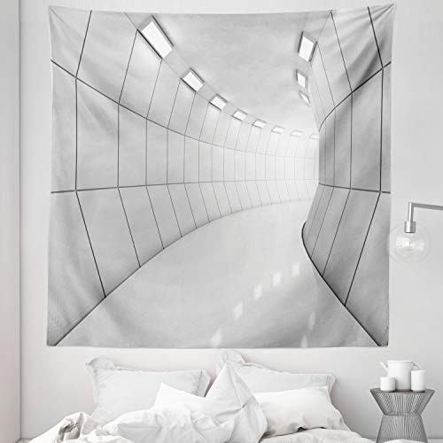 Lunarable Modern Tapestry Queen Size Modern Illustration Long Corridor Geometric Futuristic Tunnel Monochromic Artwork Print Wall Hanging Bedspread Bed Cover Wall Decor 88  X 88  Light Grey