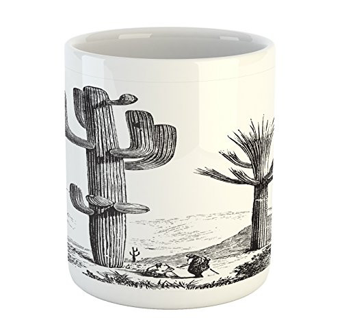 Ambesonne Cactus Mug Sketchy Hand Drawn Print of Desert Plants with Mexican Travellers Image Ceramic Coffee Mug Cup for Water Tea Drinks 11 oz Charcoal Grey