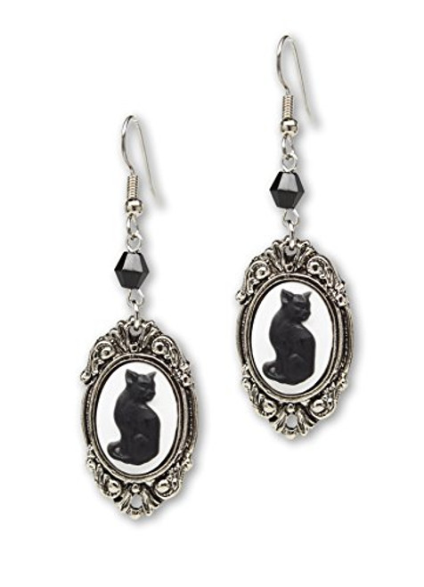 Black Cat Cameo In Silver Finish Frame Dangle Earrings with Black Bead Black Cat Cameo In Silver Finish Frame Dangle Earrings with Black Bead