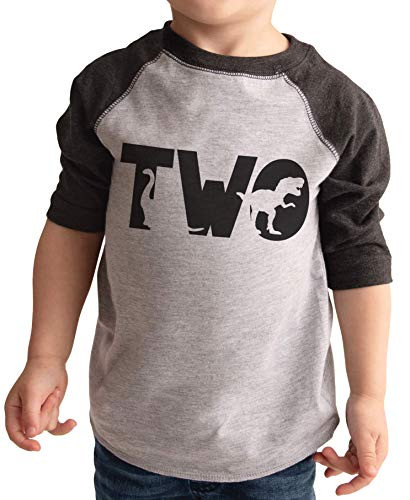 7 ate 9 Apparel Two Dinosaur Second Birthday Grey Baseball Shirt 2T