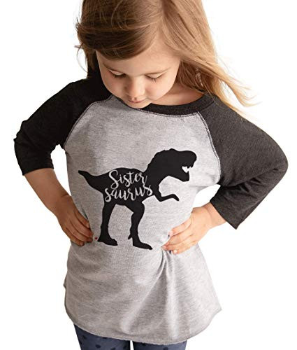7 ate 9 Apparel Youth Dinosaur Sistersaurus Grey Baseball Tee Small